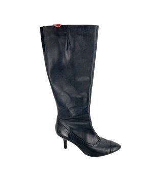 Rockport Knee-High Heeled Brogue Detail Black Leather Pointed Toe Boots Size 8